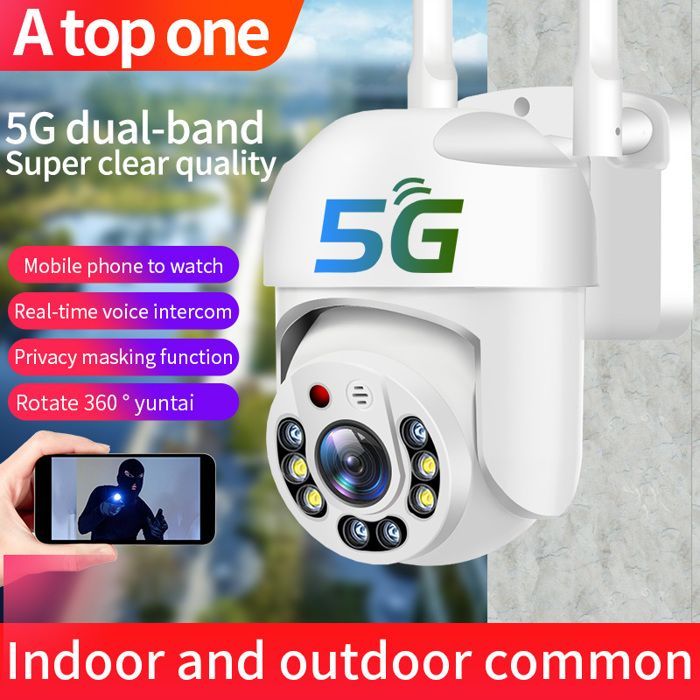 Telecamera di sicurezza domestica PRUMYA da 2 MP con Wi-Fi 5G, audio bidirezionale, visione notturna e grado di protezione IP66.