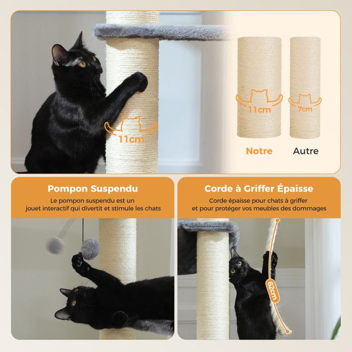 PAWZ Road Large Cat Tree, Cat Tree with XXL 11cm Sisal Posts, Spacious Hammocks, Condo & Perch, 170cm, Light Grey