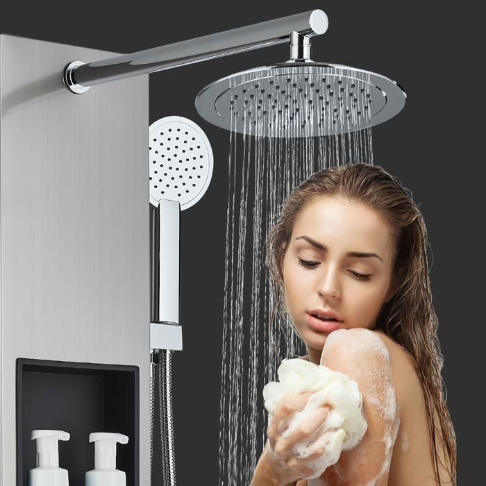Colonna doccia idromassaggio multifunzionale in acciaio inox con soffione fisso, funzione massaggio e mensola (nichel spazzolato)