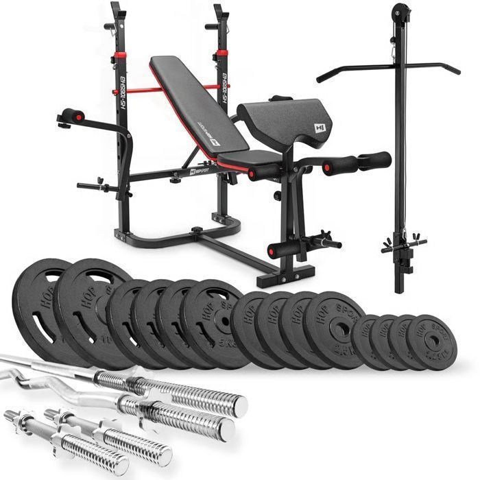 Hop-Sport halterset van 76 kg, halterbank, HS-1065 hoge katrol, gietijzeren gewichtsschijven en halters.