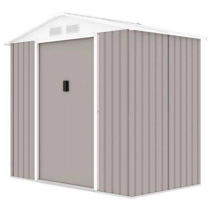 Abri de jardin en métal 2,71 m²  - 213 x 127 x 195 cm - PLUTON - Kit d'ancrage inclus, 2 portes coulissantes - Taupe