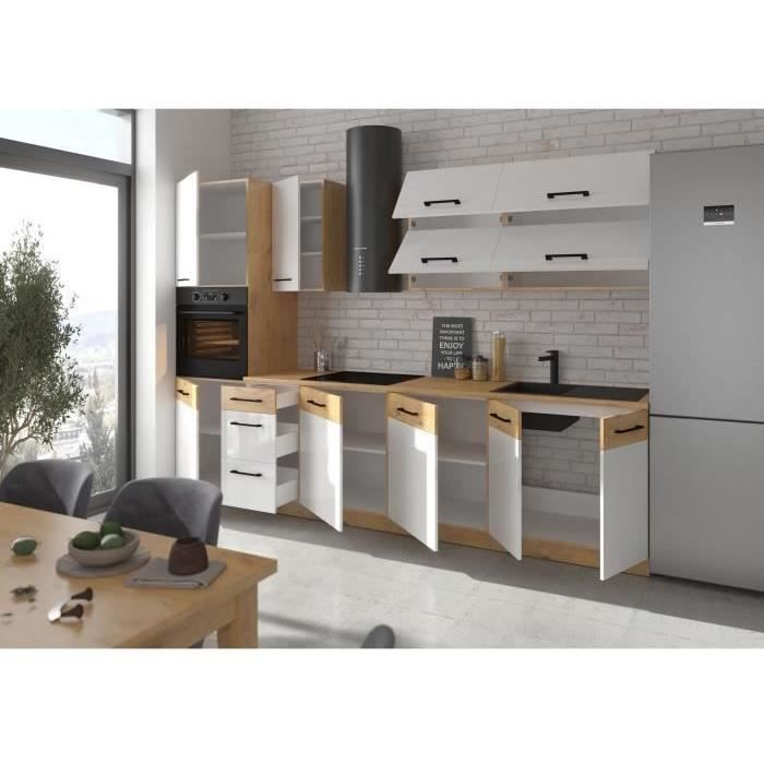 ROCK - Cocina completa - Roble Lancelot y melamina blanca brillante - 300 cm - Encimera no incluida
