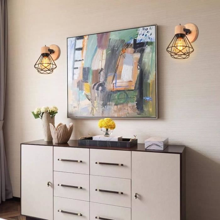 IDEGU 2pcs Applique Murale Industrielle, 16CM Vintage Lampe Murale Interieur en Bois Fer Rétro Réglable E27 Éclairage Mural Noir