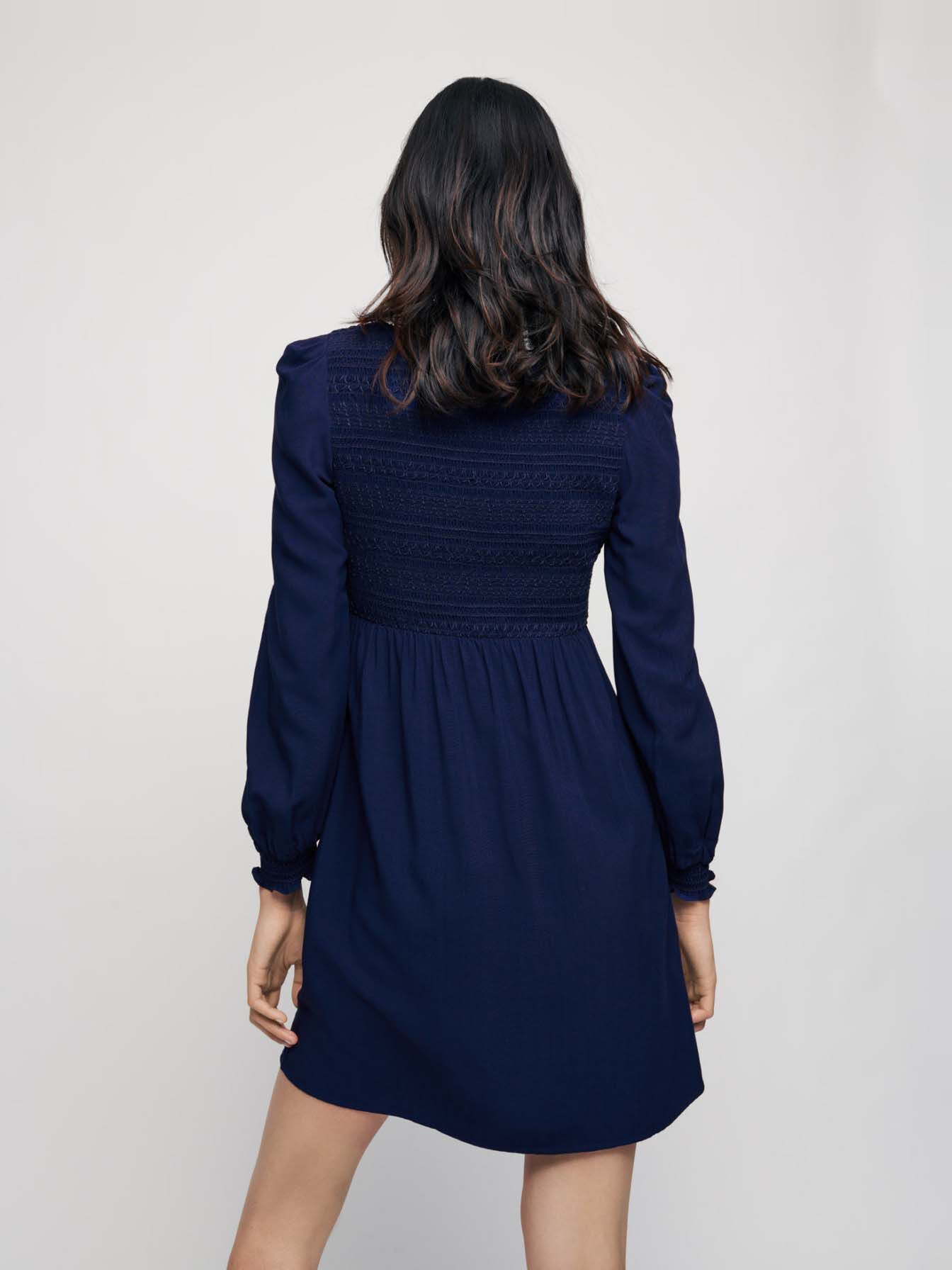 Geplooide jurk met guipure kraag - Marineblauw