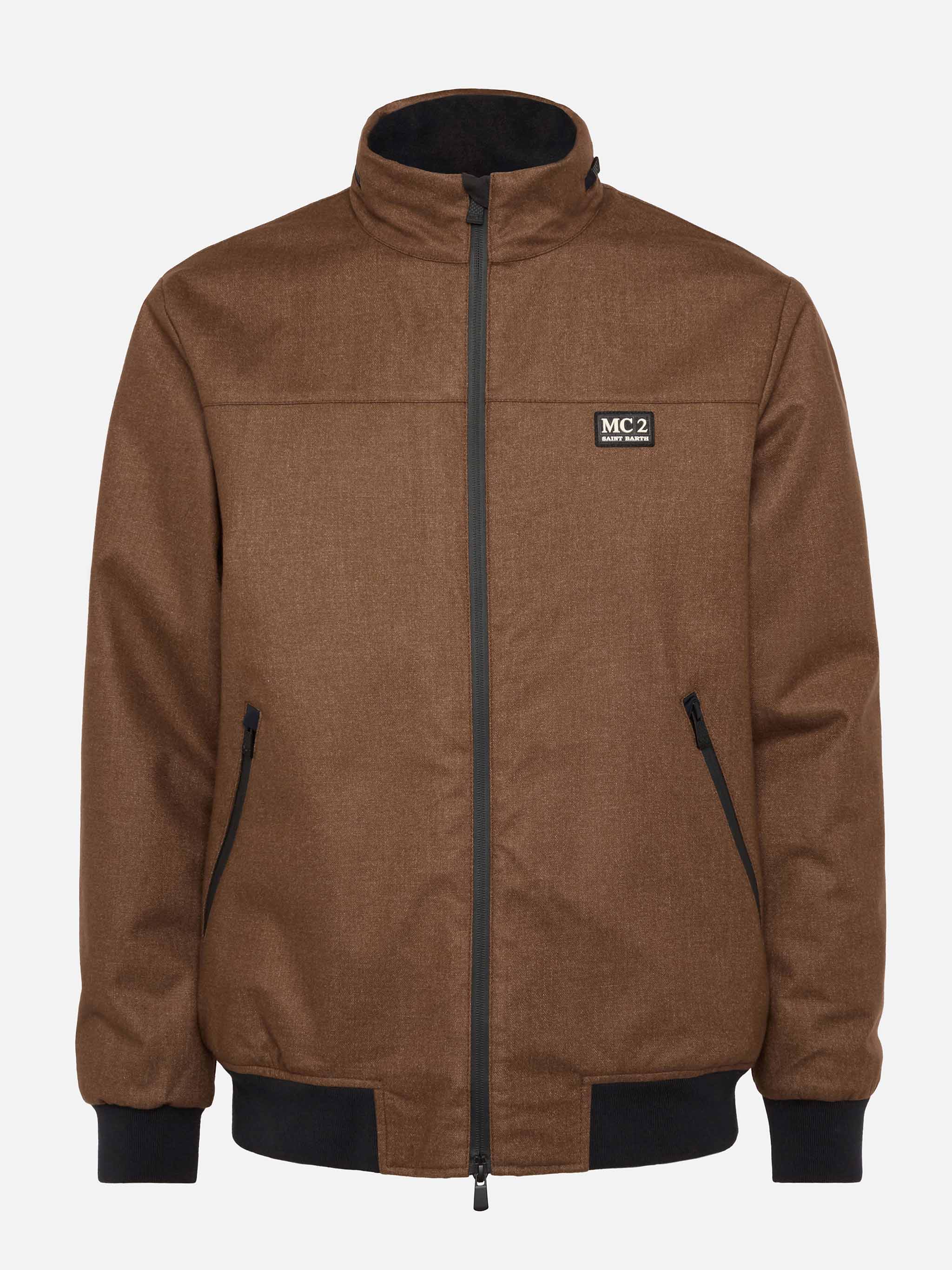 Chaqueta bomber de lana marrón campestre con forro de peluche.