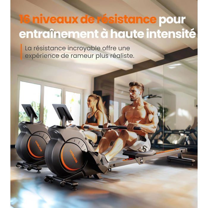 YOSUDA Rameur magnétique silencieux, 16 résistances, APP, écran LCD, 160kg, pliable. Idéal cardio maison.