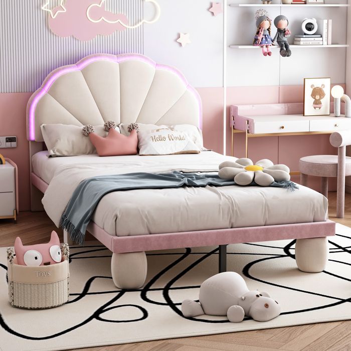 Cama de solteiro - SINGULARITY - Cama estofada 90x200 cm - Cabeceira recortada e capitonê - LED multicolorido - Veludo bege e rosa