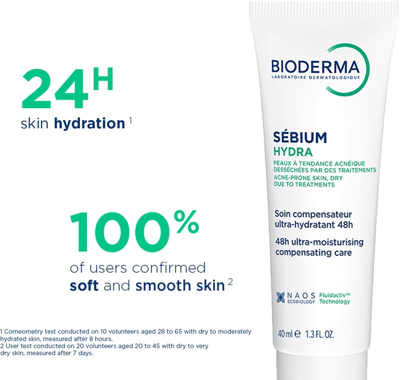 Bioderma Sébium Hydra hydraterende crème voor een droge en geïrriteerde huid als gevolg van acnebehandeling.