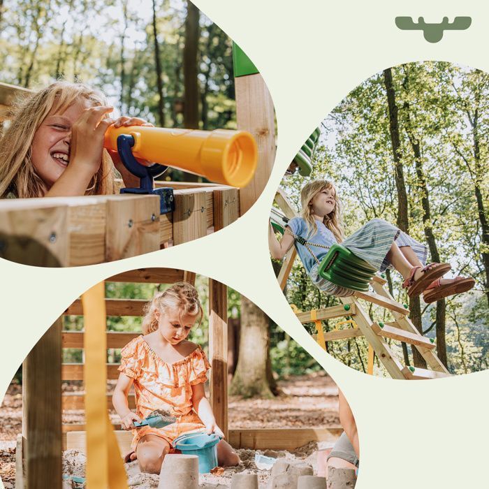 Tour de jeux bois FATMOOSE FruityForest Fun XXL avec double balançoire et toboggan 220 cm vert sauge – 10 ans de garantie*