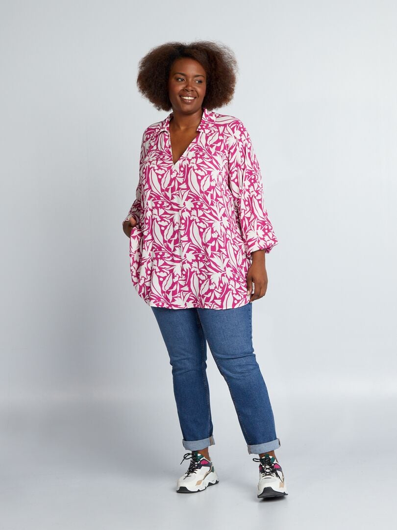 Zachte blouse met print en pofmouwen - ROZE