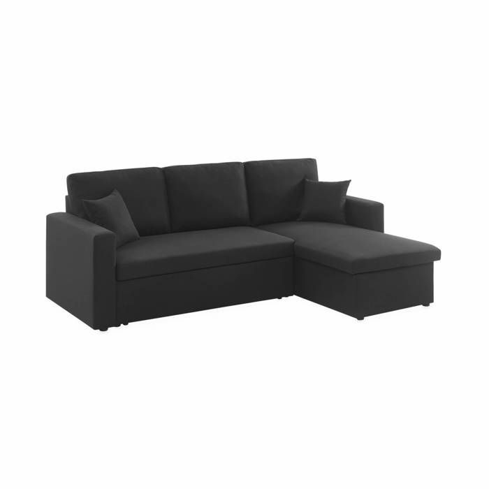 Sofá esquinero convertible en tela negra - IDA - 3 plazas. Sillón esquinero reversible con compartimento de almacenamiento y cama modular.
