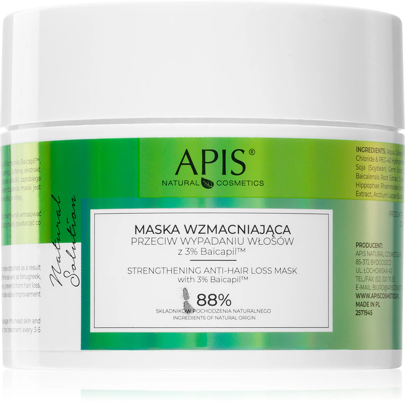 Apis Natural Cosmetics Natural Solution 3% Baicapil versterkend masker voor zwak haar dat snel uitvalt.