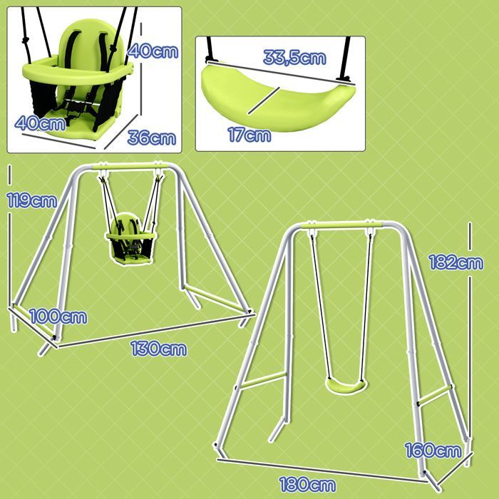 Outsunny 2-in-1 Children's Swing Set - 5-Point Indoor/Outdoor, Foldable - Metal - Green