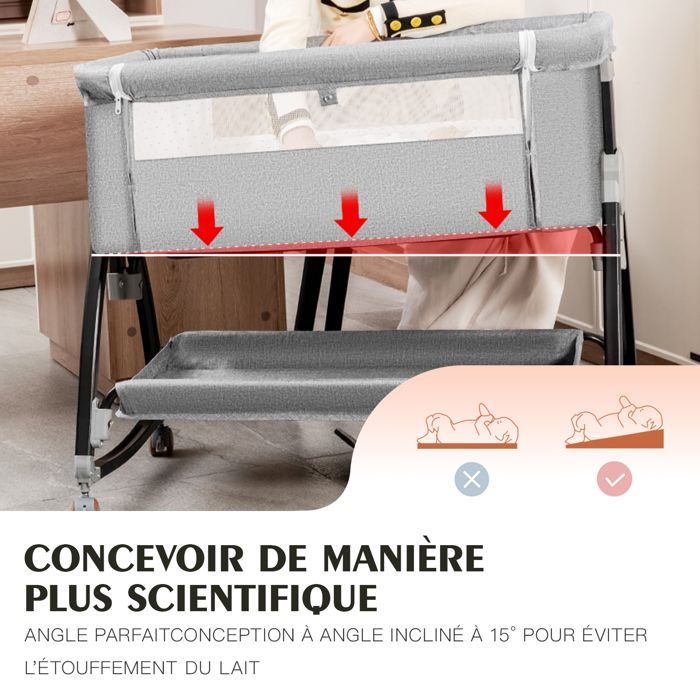 Baby Co-Sleeping Crib with Mattress, Mosquito Net, Changing Table, Rocking and Recline Modes, 6 Adjustable Heights, For 0-18 Months - Grey