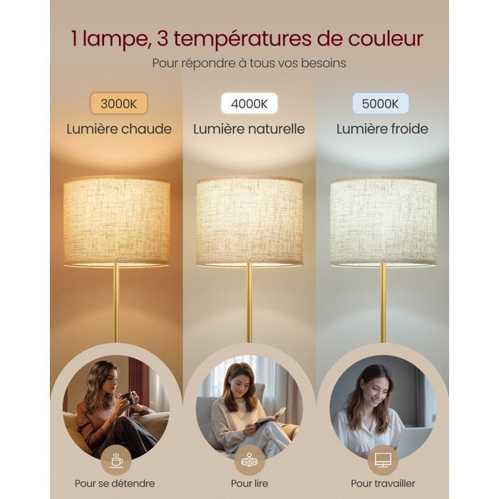 Lámpara de pie, altura regulable de 140 a 170 cm, estilo moderno, interruptor de pie, pantalla de tela, casquillo E27, color dorado y negro.