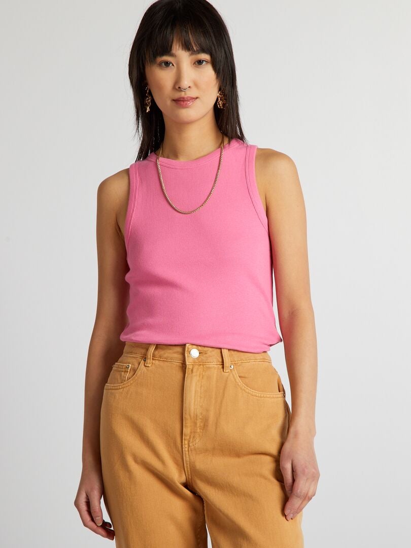 Top de tirantes acanalado con cuello halter - Rosa