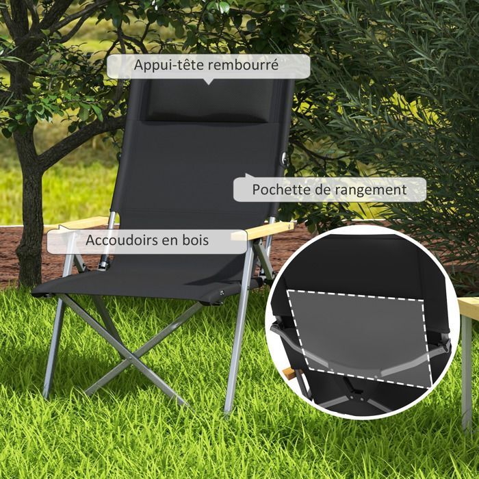 Campingstuhl – Outsunny – faltbar und tragbar – verstellbare Rückenlehne, gepolsterte Kopfstütze, Tasche – 74 x 59,5 x 98 cm – schwarz