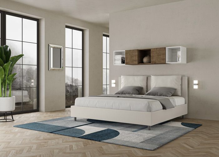 Cama king size - Ityhome - Antea - 200x210 cm - Piel sintética blanca - Base de láminas incluida
