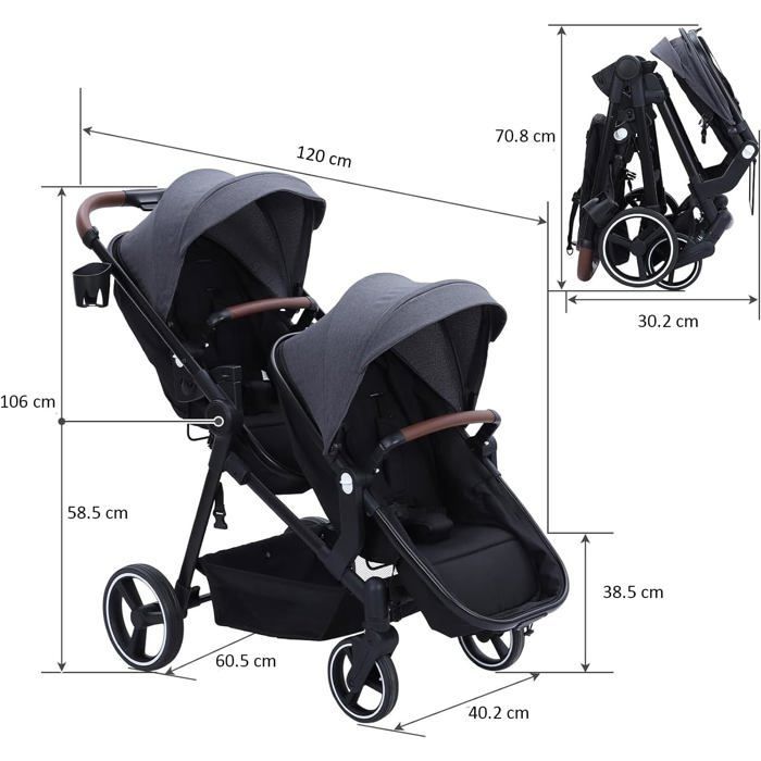 Cochecito doble ligero, carrito de viaje plegable, cochecito tándem compacto con asientos reversibles, capazo para bebé, carga máxima 30 kg.