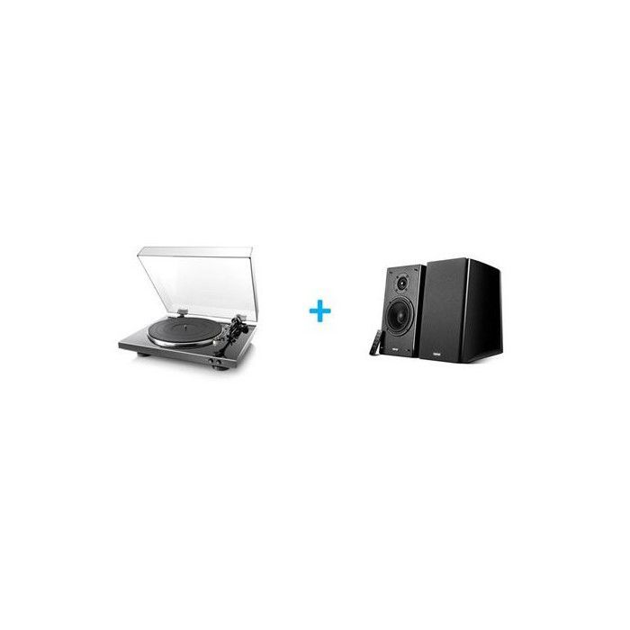 DENON DP-300F BKE2 Plattenspieler (schwarz) + EDIFIER R2000DB Bluetooth-Lautsprecher (schwarz glänzend) – als Paar erhältlich