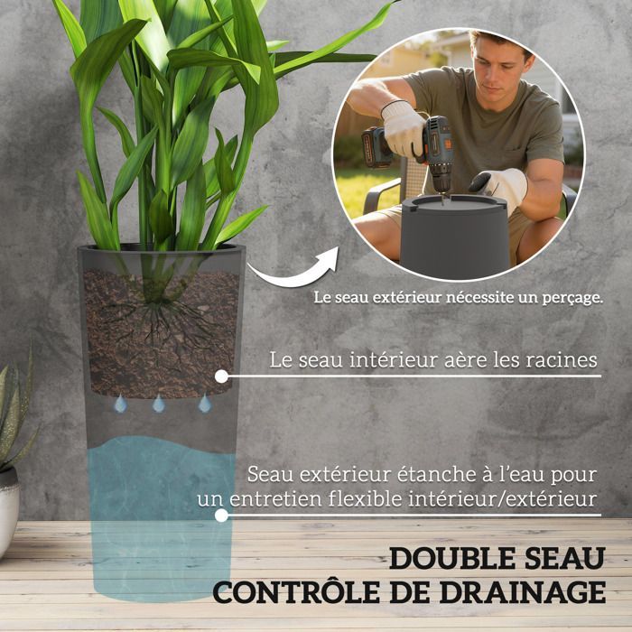 Lot de 2 pots de plantes - Outsunny - empilables - bac intérieur et trous de drainage - plastique - Ø35 x 60cm - gris