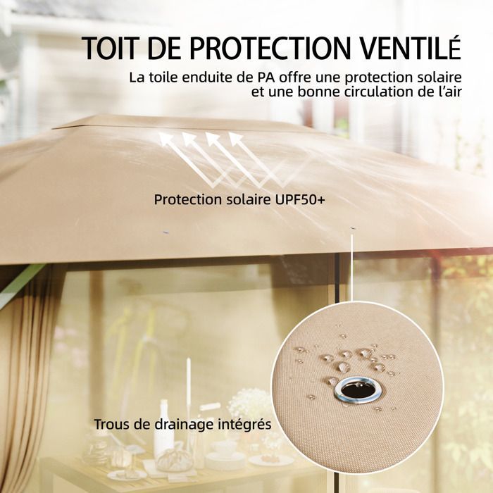 Tonnelle de jardin - pavillon - structure stable en métal 60mm UV50+ et 10 trous de drainage - polyester - 394x294x255cm - khaki