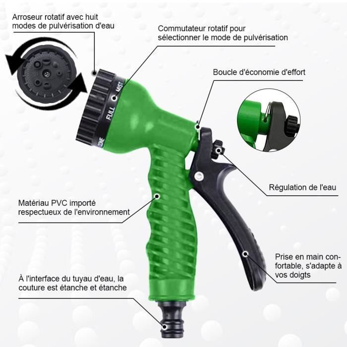Tuyau d'arrosage rétractable 22 m (75 ft) avec pistolet 7 modes – surface caoutchouc, compact et durable