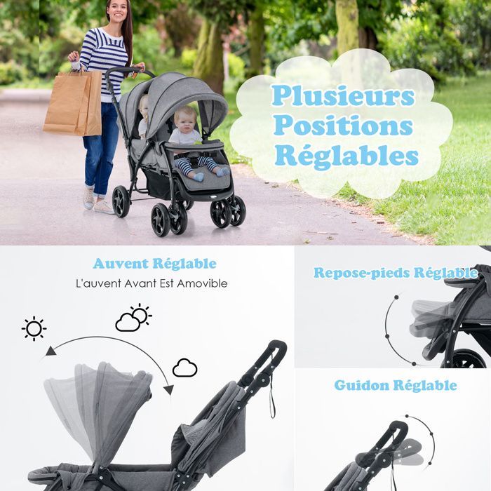 LIFEZEAL Poussette Double Pliable pour Jumeaux Poussette Canne 2 Places Réglable en 3 Positions avec Cosy 4 Roues Charge 30 KG