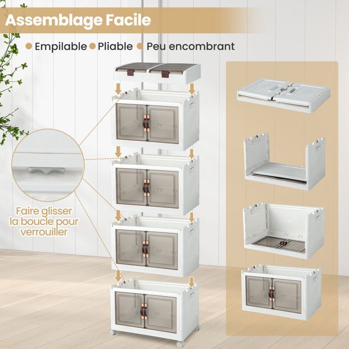 GIANTEX 210L Plastic Storage Box with Wheels - 4 Foldable and Stackable Crates with Doors - 2 Compartments with Lids