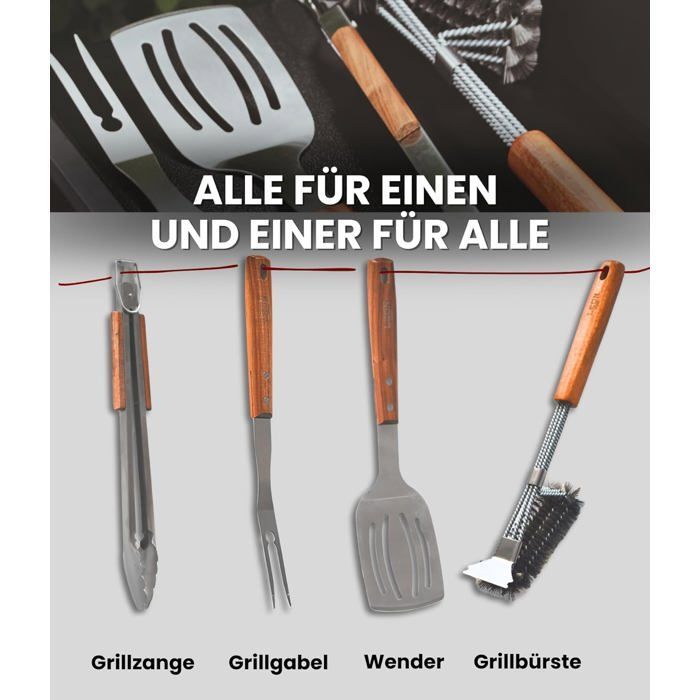 FEBEST 4-Piece Barbecue Accessory Set - Brush, Fork, Tongs, Spatula - Stainless Steel