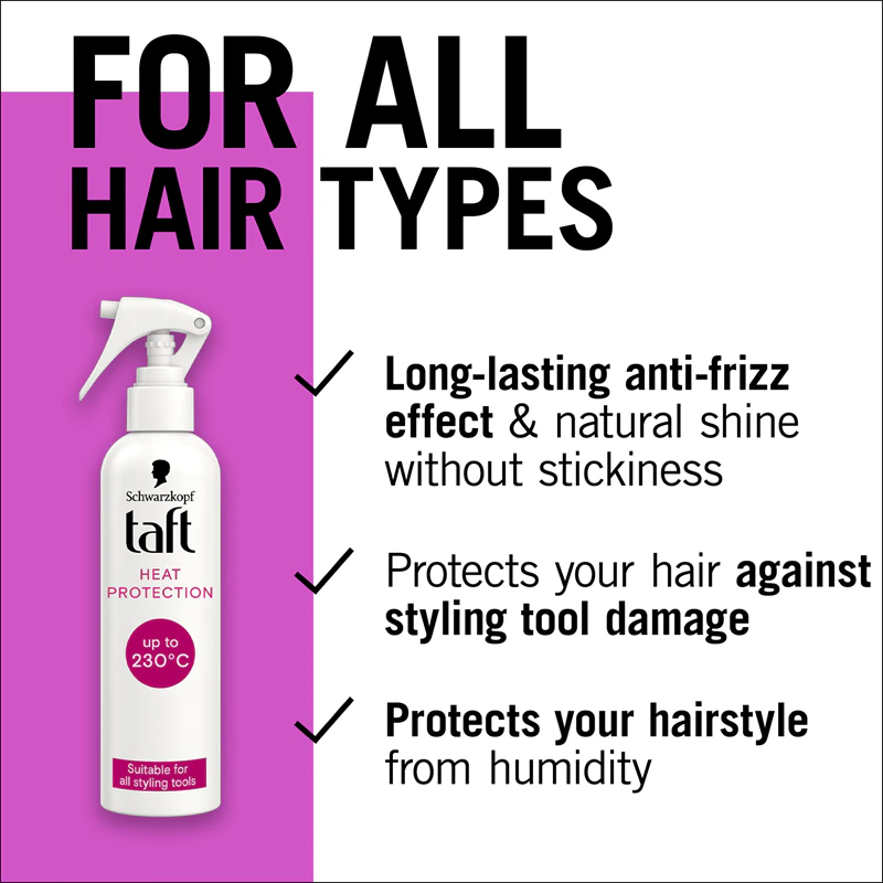Spray protetor térmico Schwarzkopf Taft para cabelos danificados pelo uso frequente do secador.