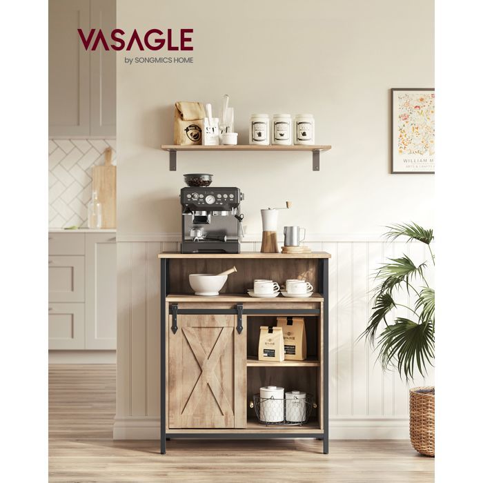 VASAGLE Credenza da cucina, cassettiera con anta scorrevole, 30 x 70 x 80 cm, ripiani regolabili, marrone cammello e nero inchiostro