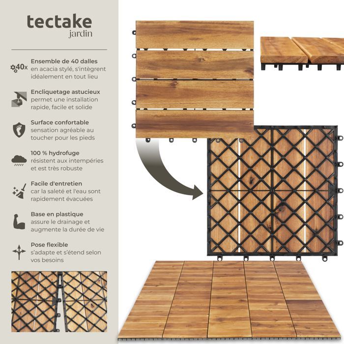 Piastrelle per terrazze - TECTAKE - TABULA pavimentazione per esterni, 4 listoni antiscivolo in legno massello di acacia con sistema a clip - 40 pezzi