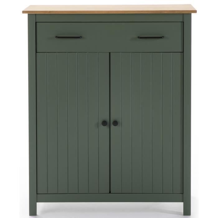 Mobile contenitore, tavolino in legno massello di pino con finitura rovere cerato e verde - Lunghezza 90 x Profondità 40 x Altezza 110 cm