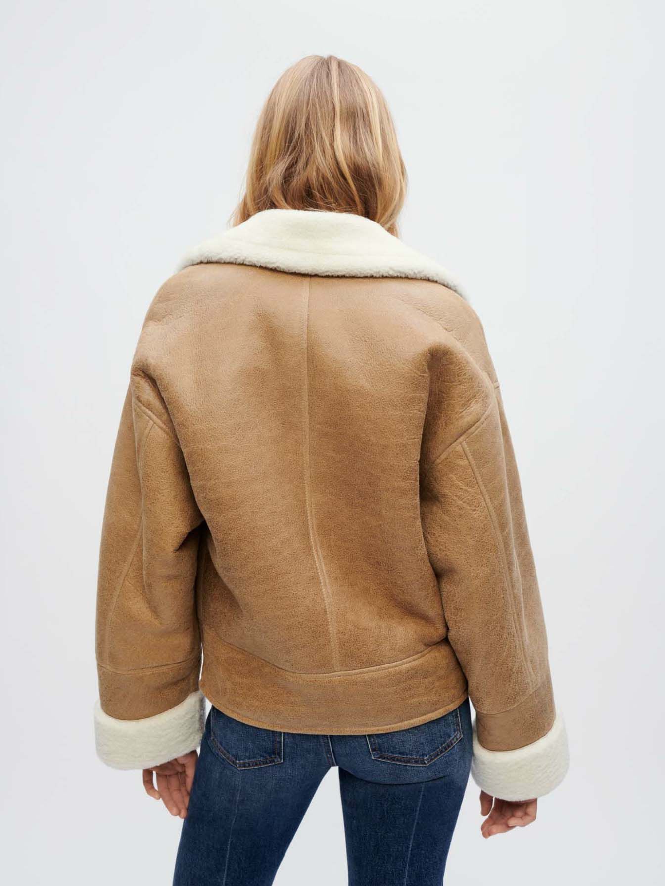 Palton din shearling bicolor, culoarea cămilei