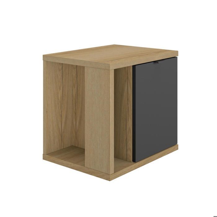 Matzwart nachtkastje met één deur en een plank met houtlook.