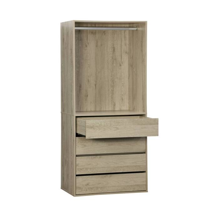 Roupeiro com 4 gavetas e 1 varão para pendurar roupa, em painéis laminados na cor natural.