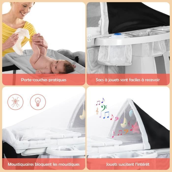 Lit Parapluie Bébé DREAMADE Pliable avec Moustiquaire, Rangements Latéraux, Jouets Suspendus, Musique, Roulettes avec Freins, Noir
