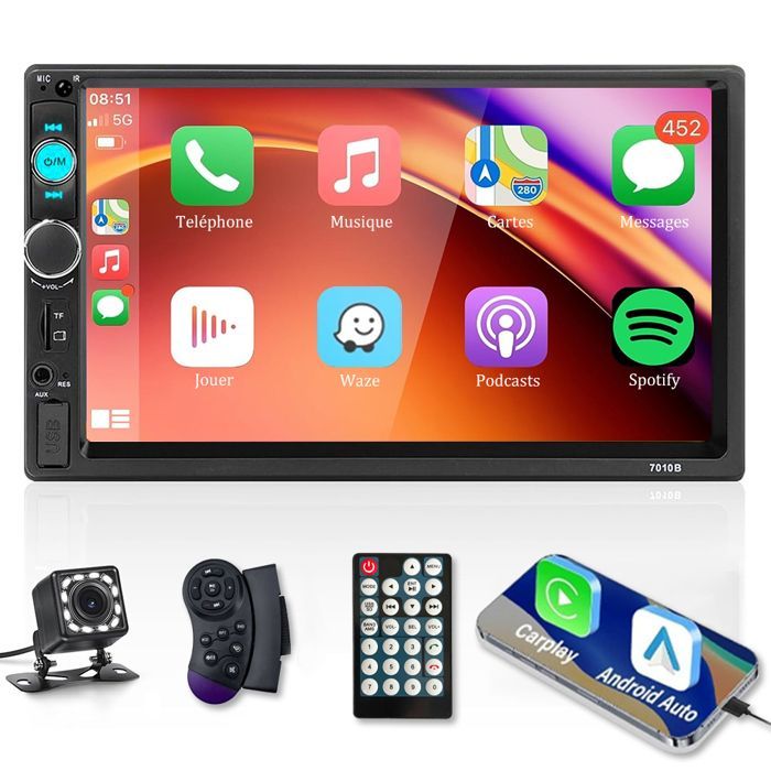 Radio para coche Bluetooth de 7 pulgadas y 2 DIN - CarPlay y Android Auto - Pantalla táctil/Radio FM/AUX/USB/Tarjeta TF - Cámara de visión trasera con 12 LED