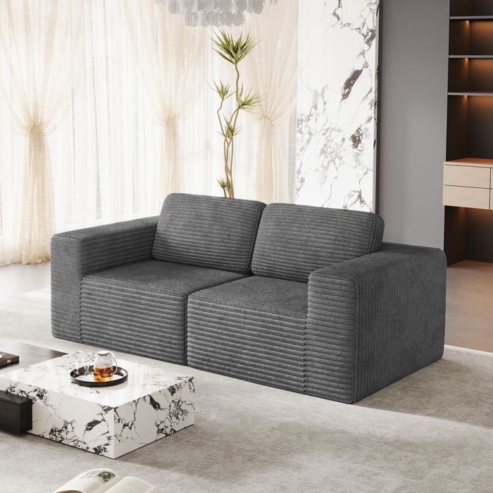 Sofá modular de 2 lugares em veludo cotelê, com 2 almofadas, 202x101x82cm, cinza