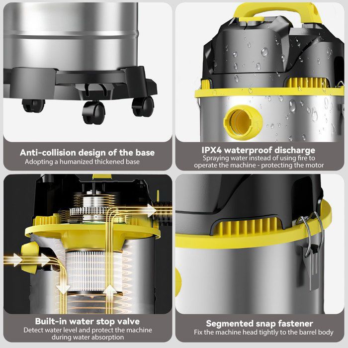 Aspirapolvere senza sacco 3000W - 30L - Aspirazione/Umidificazione/Asciugatura capelli - Potenza di aspirazione 23 kPa - Acciaio inossidabile - Silenzioso