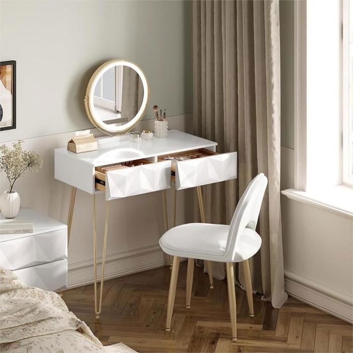 Tavolo da trucco EUGAD con specchio LED regolabile, tavolo da trucco con sedia, 2 cassetti effetto 3D in legno massello, bianco+oro E0EG0060