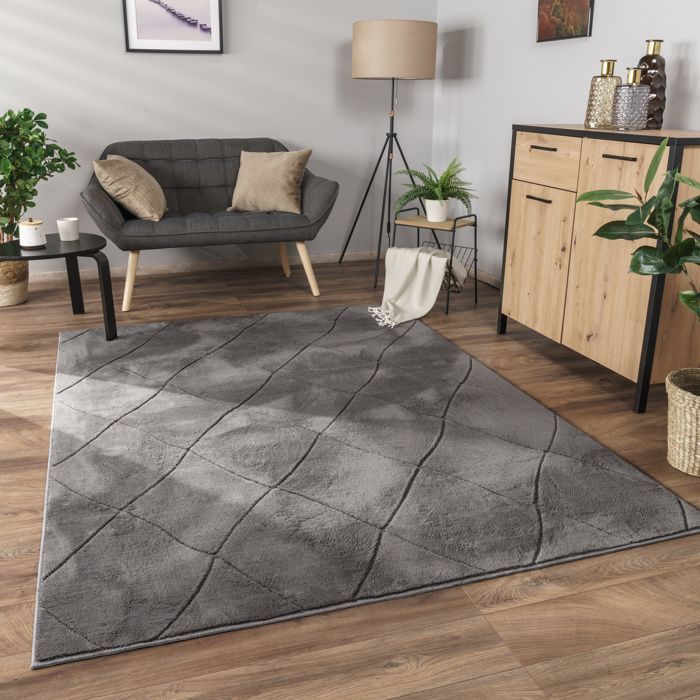 Paco Home Tapis Salon Chambre Adulte Poils Ras Scandinave Motif Losange Uni 3D Moelleux Antracite Gris foncé 120x160 cm