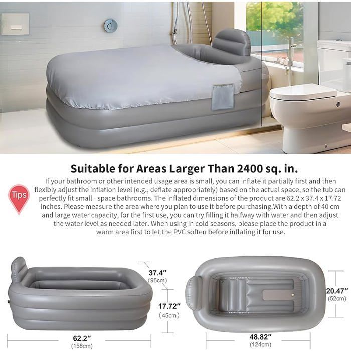 Light Grey Portable Inflatable Spa Bathtub for Adults, Ideal for Home Relaxation, Shower and Indoor Use