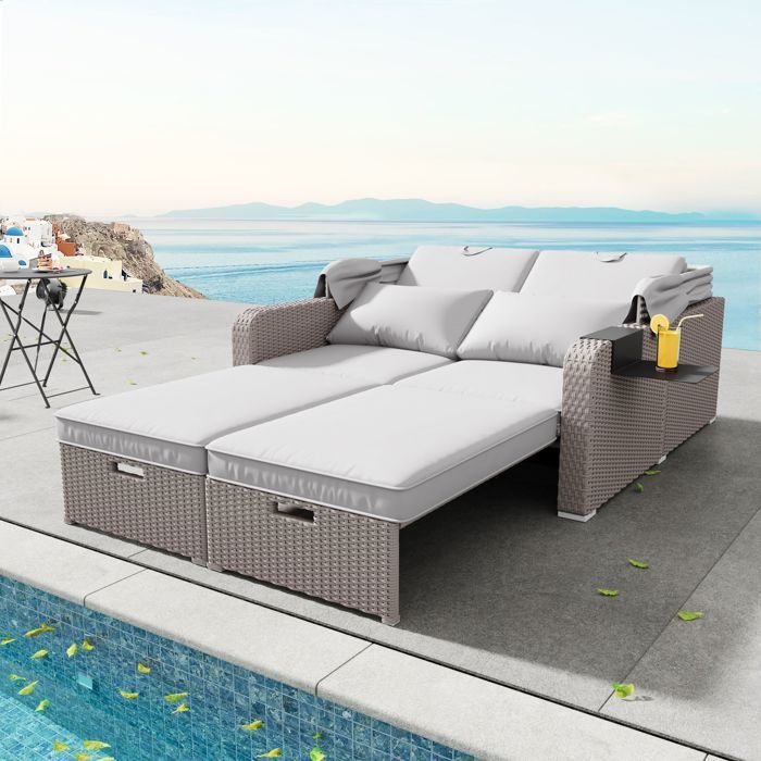 Set di mobili da giardino allungabile - Divano lounge in rattan PE con tettuccio regolabile - Struttura in acciaio - Tortora