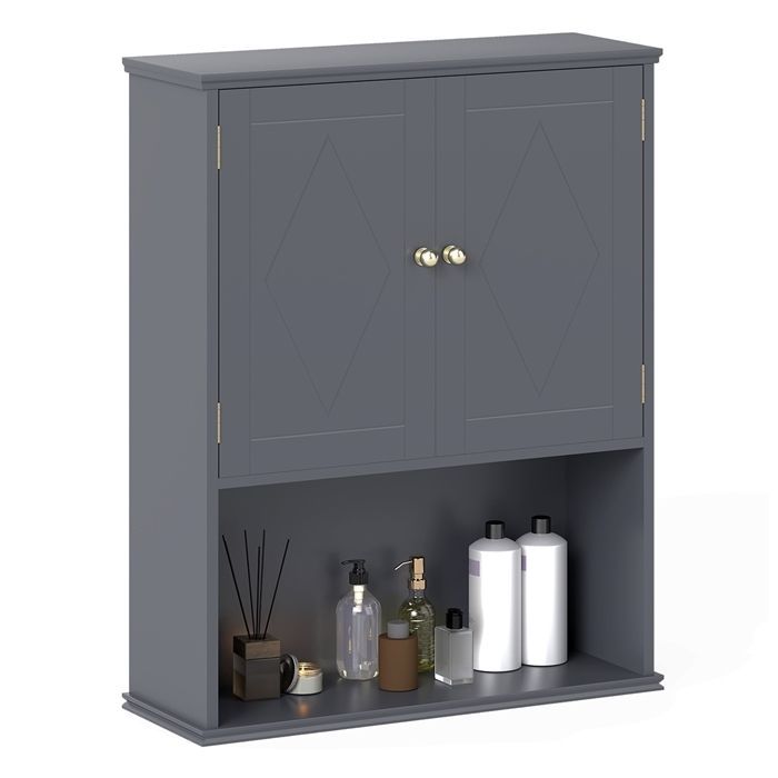 COSTWAY Meuble Mural Salle de Bain avec 2 Portes, Étagère Réglable, Compartiment Ouvert, pour Toilette, Buanderie, Salon, Gris