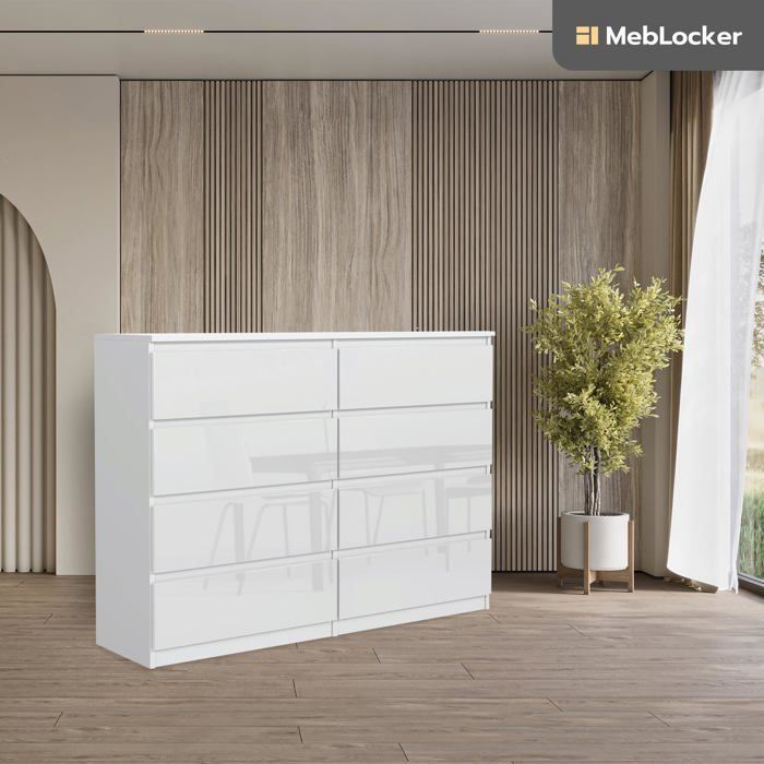8-Drawer Chest of Drawers - Meblocker - White & Glossy 120 cm - Spacious Storage Unit - Living Room, Office, Bedroom & Children's Room