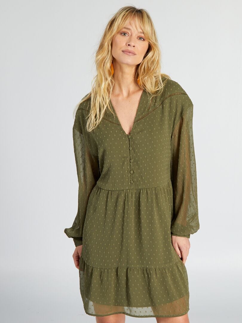 Plumetis Voile Jurk - Khaki