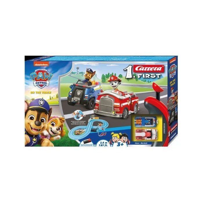 PAW Patrol racebaan, 2,4 m lang, auto's op schaal 1/50, Carrera First, geschikt voor kinderen vanaf 3 jaar.