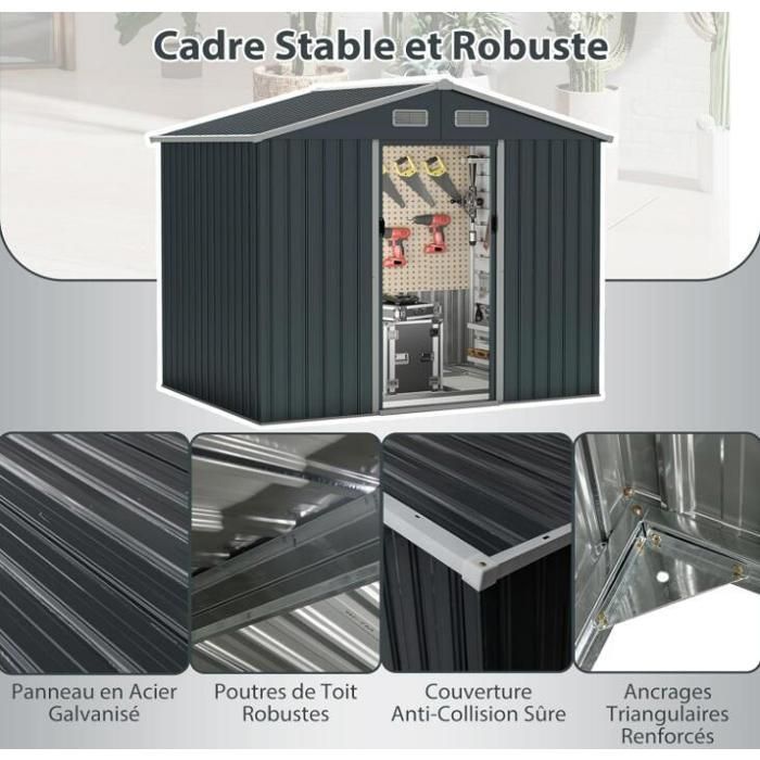 Metalen tuinschuur 3,66 m² - RELAX4LIFE - 7,17 m³ - Geïntegreerde fundering - 236 x 172 x 196 cm - 4 ventilatieopeningen - Dubbele schuifdeur